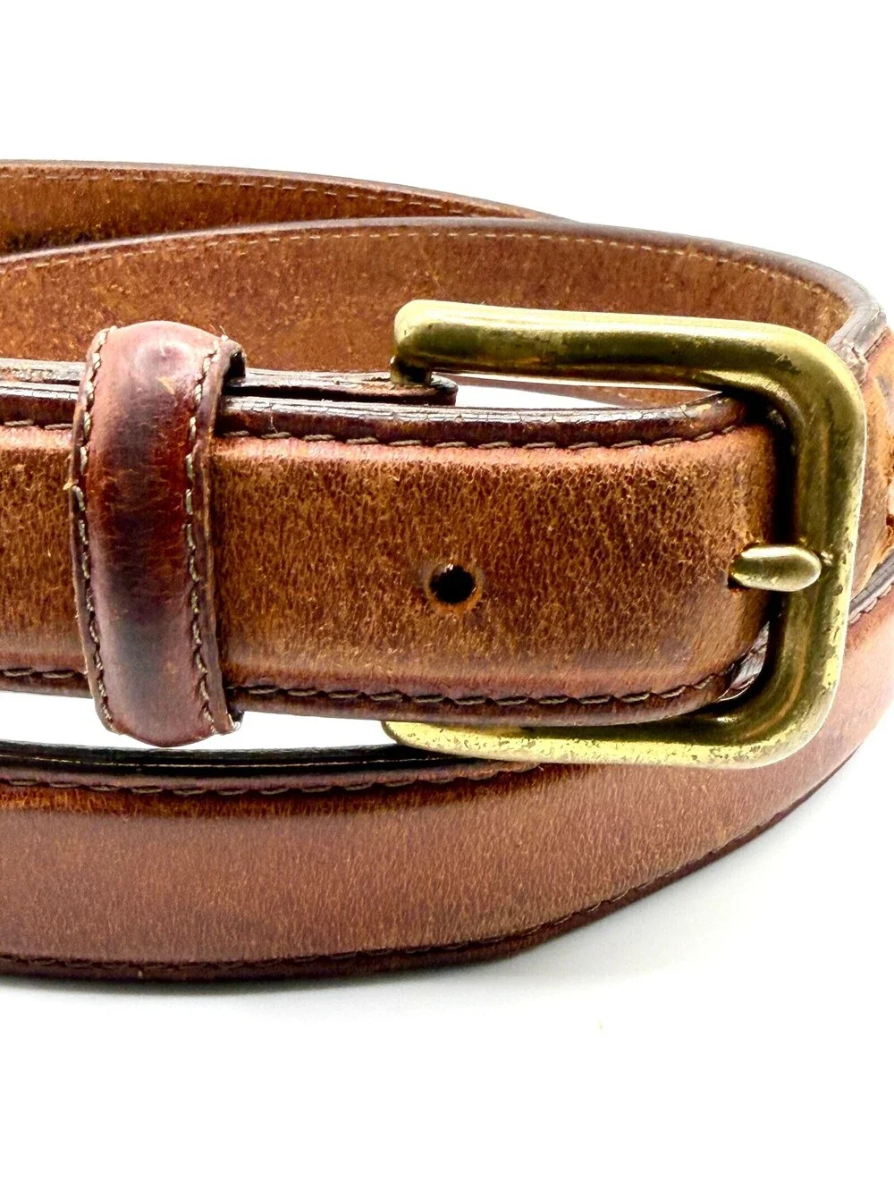 Vintage 90s Brown Genuine Leather Brass Buckle Belt